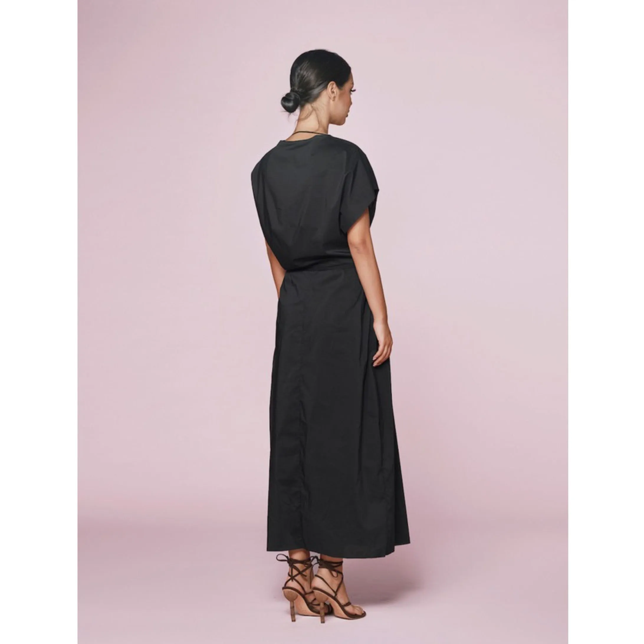 Black Cotton Faux Wrap Day Dress