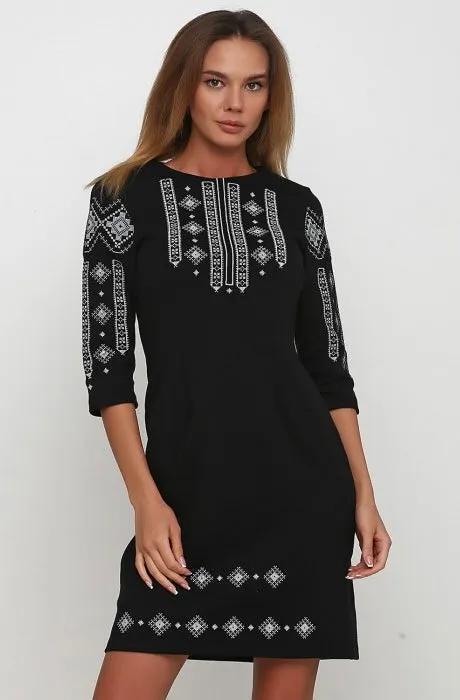 Black Embroidered Dress “Grey Geometric”