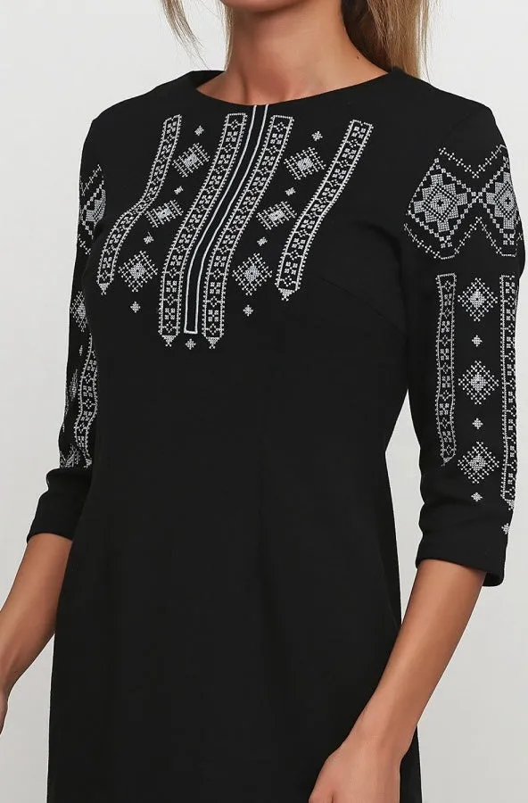 Black Embroidered Dress “Grey Geometric”