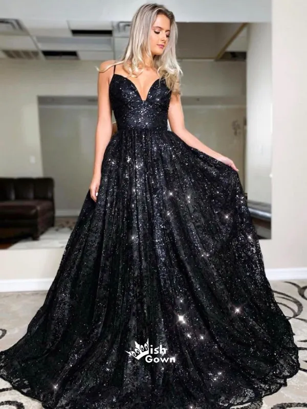 Black Sequins Lace Up Back Spaghetti Strap A-line Long Prom Dresses , WGP122