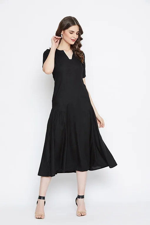 Black Side Ruffle Rayon Dress