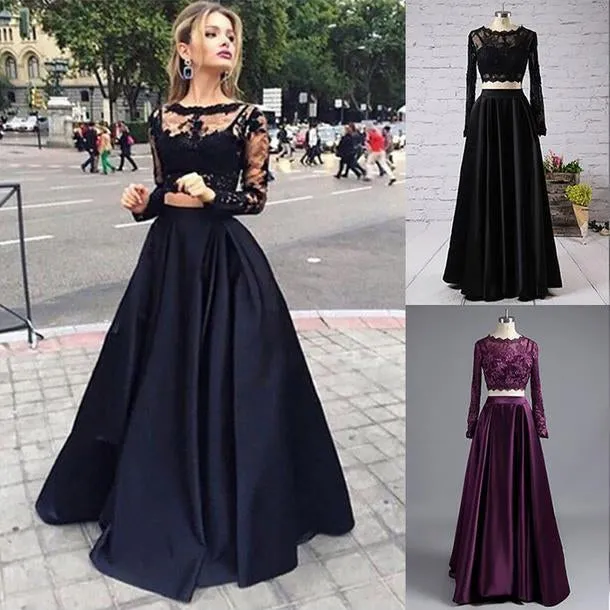 Black two pieces long sleeve prom dress A-line lace two pieces long prom dress grad dresses