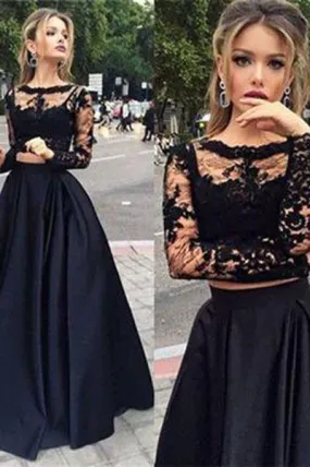 Black two pieces long sleeve prom dress A-line lace two pieces long prom dress grad dresses