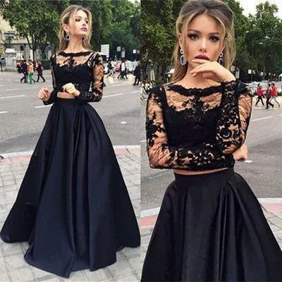 Black two pieces long sleeve prom dress A-line lace two pieces long prom dress grad dresses