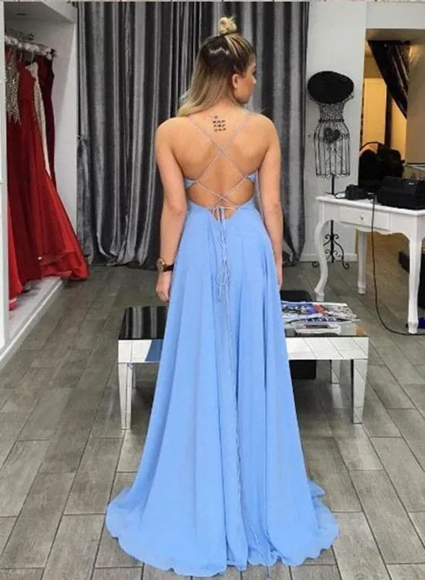 Blue Spaghetti Straps Prom Dresses With Side Slit, Sexy Long Evening Party Prom Dress