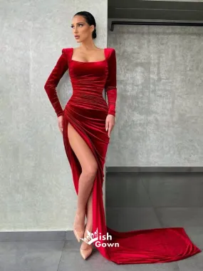 Burgundy Velvet Long Sleeves Square Neck Slits Mermaid Evening Gowns Prom Dresses , WGP144