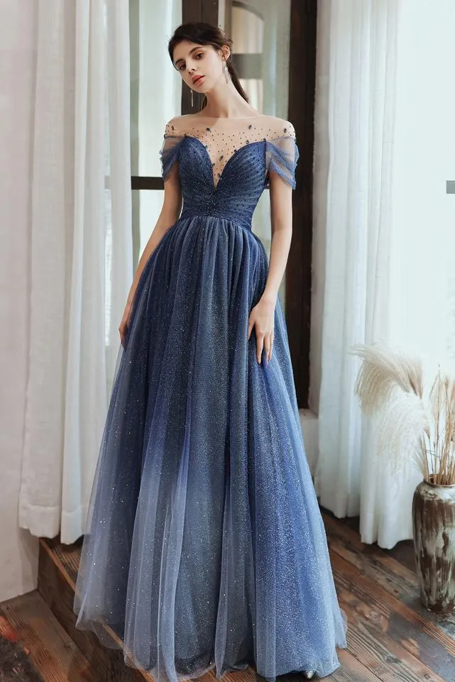 Charming A Line Blue Ombre Tulle Prom Dresses with Open Back, Evening STK15622