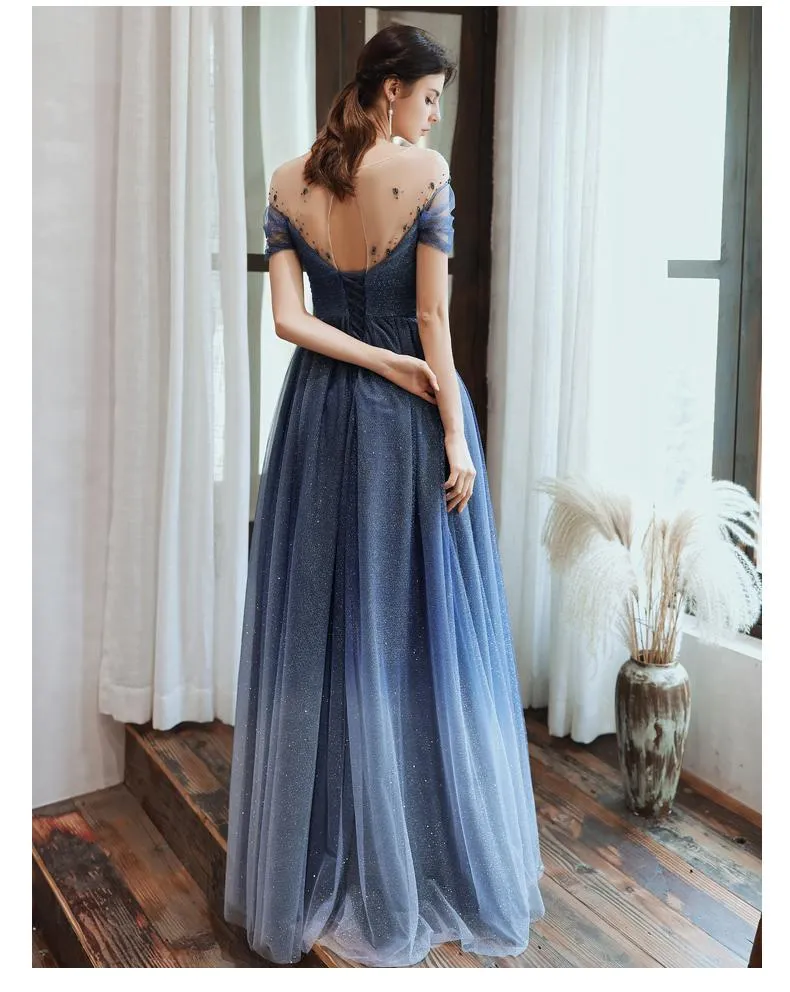 Charming A Line Blue Ombre Tulle Prom Dresses with Open Back, Evening STK15622