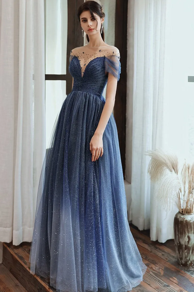 Charming A Line Blue Ombre Tulle Prom Dresses with Open Back, Evening STK15622