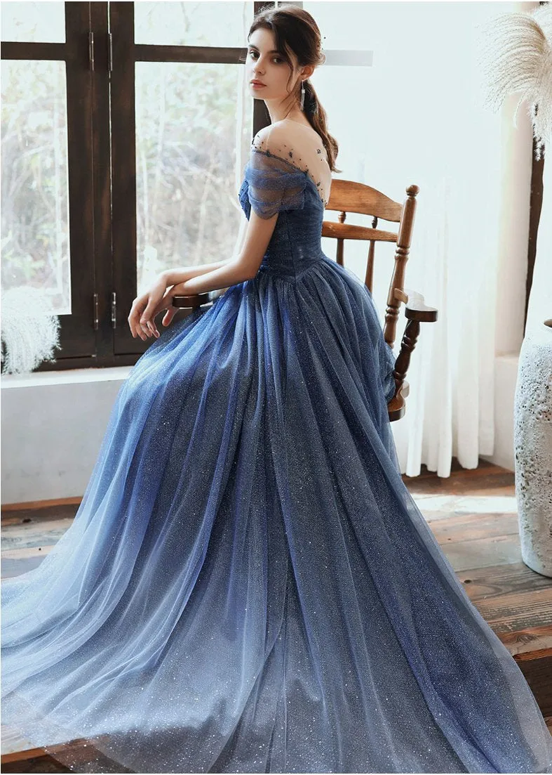 Charming A Line Blue Ombre Tulle Prom Dresses with Open Back, Evening STK15622