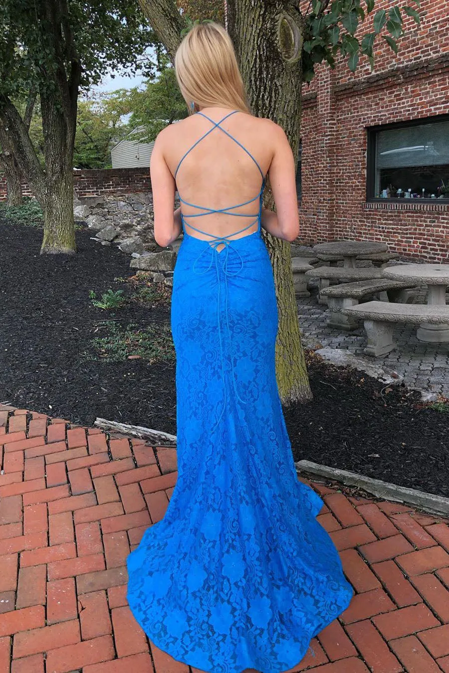 Charming Blue Mermaid Halter Applique Lace Up Maxi Long Party Prom Gowns,Evening Dresses,WGP395