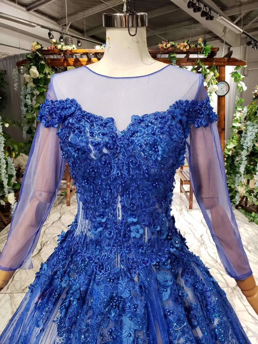 Charming Long Sleeve Round Neck Tulle Blue Beads Ball Gown Prom Dresses with Lace up