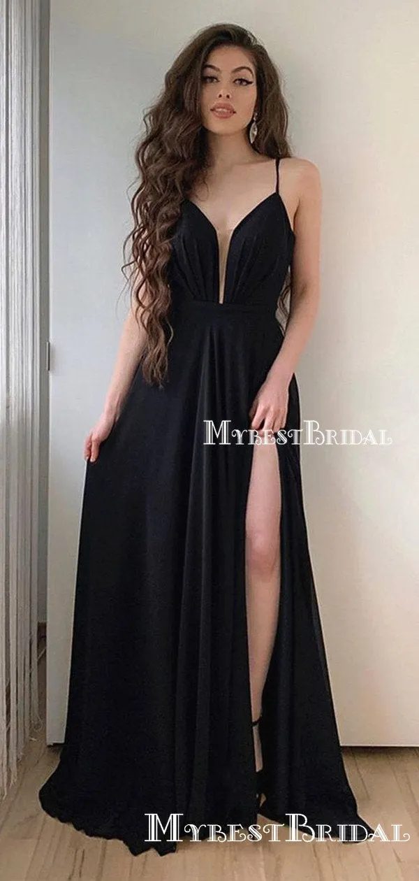 Charming Simple Spaghetti Straps A Line V Neck Black Long Formal Cheap Evening Prom Dresses, PDS0029