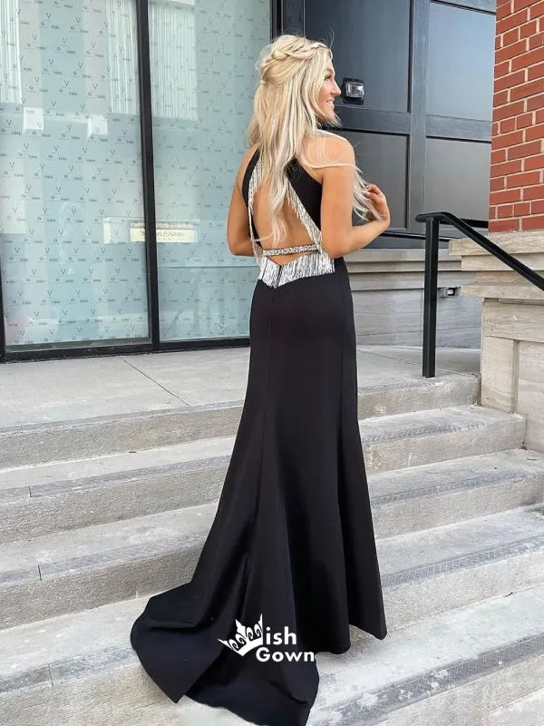 Chic Black Halter Backless Silver Tassels Mermaid Slits Evening Gowns Prom Dresses , WGP154