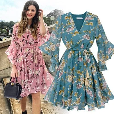 Chiffon Butterfly Sleeve Garden Dress - M-5XL - 3 Colors