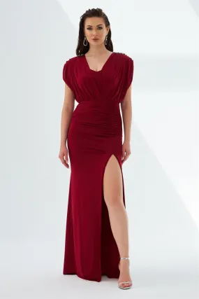 Claret Red Sandy Long Slit Evening Dress