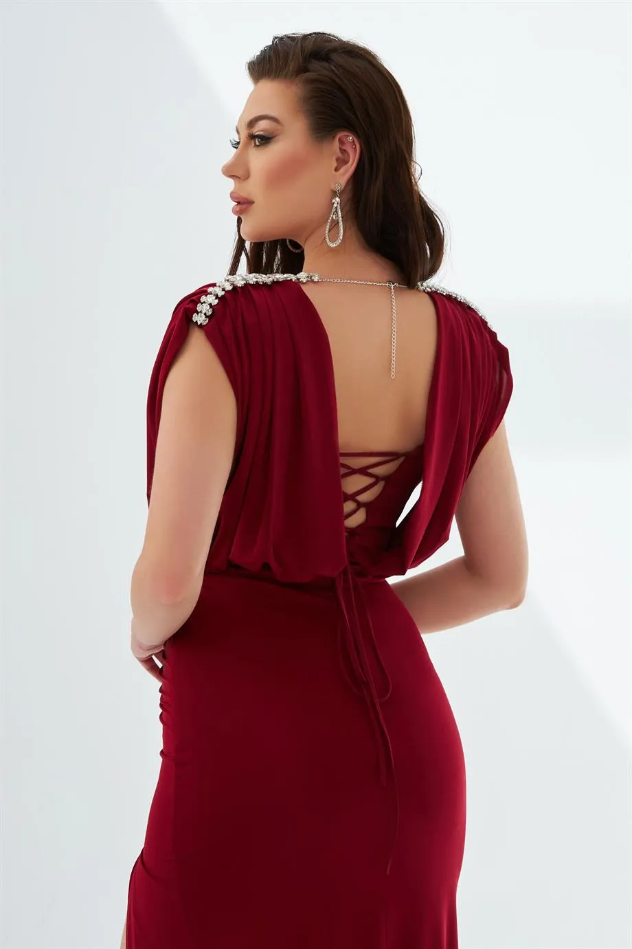 Claret Red Sandy Long Slit Evening Dress