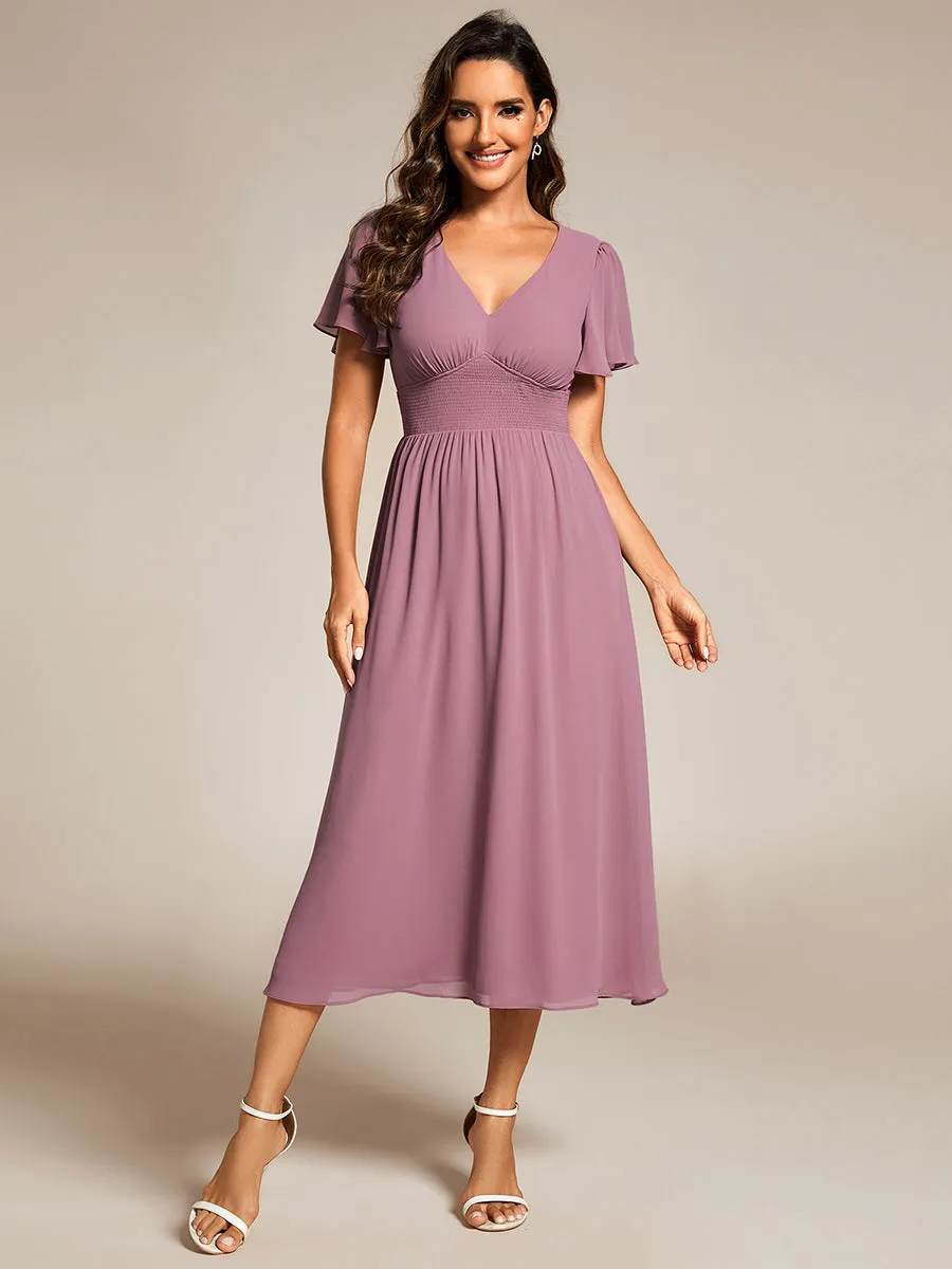 Classical Ruffles Sleeve Ruched Empire Waist Midi Length Chiffon Dresses with Lining