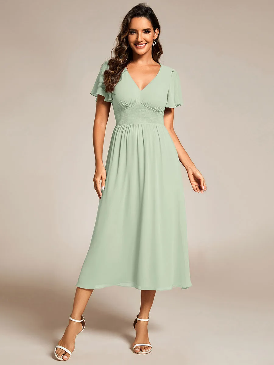 Classical Ruffles Sleeve Ruched Empire Waist Midi Length Chiffon Dresses with Lining