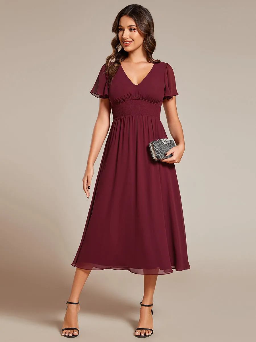 Classical Ruffles Sleeve Ruched Empire Waist Midi Length Chiffon Dresses with Lining