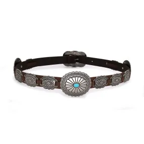 Concho Belt Brown Vegan Leather Silver Turquoise Buckle Cowgirl Western Southwestern Fits 30 - 38 Inches Adjustable Great With Jeans Or Dresses