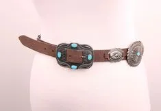 Concho Belt Brown Vegan Leather Silver Turquoise Buckle Cowgirl Western Southwestern Fits 30 - 38 Inches Adjustable Great With Jeans Or Dresses