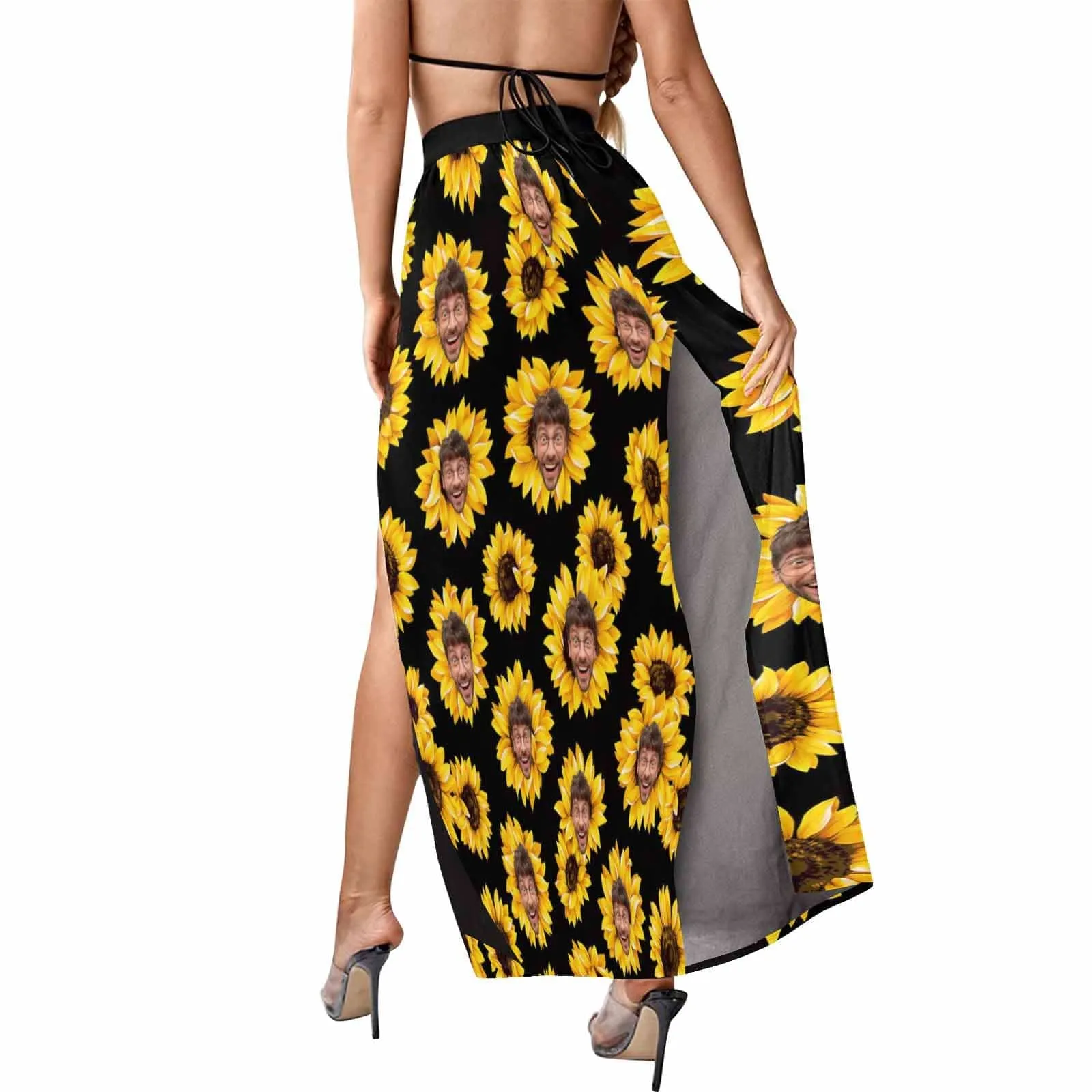 Custom Face Sunflowers Women's Sexy Strap Deep V Neck 2 Piece Outfits Dress Crop Top High Split Maxi Dresses Skirt Set