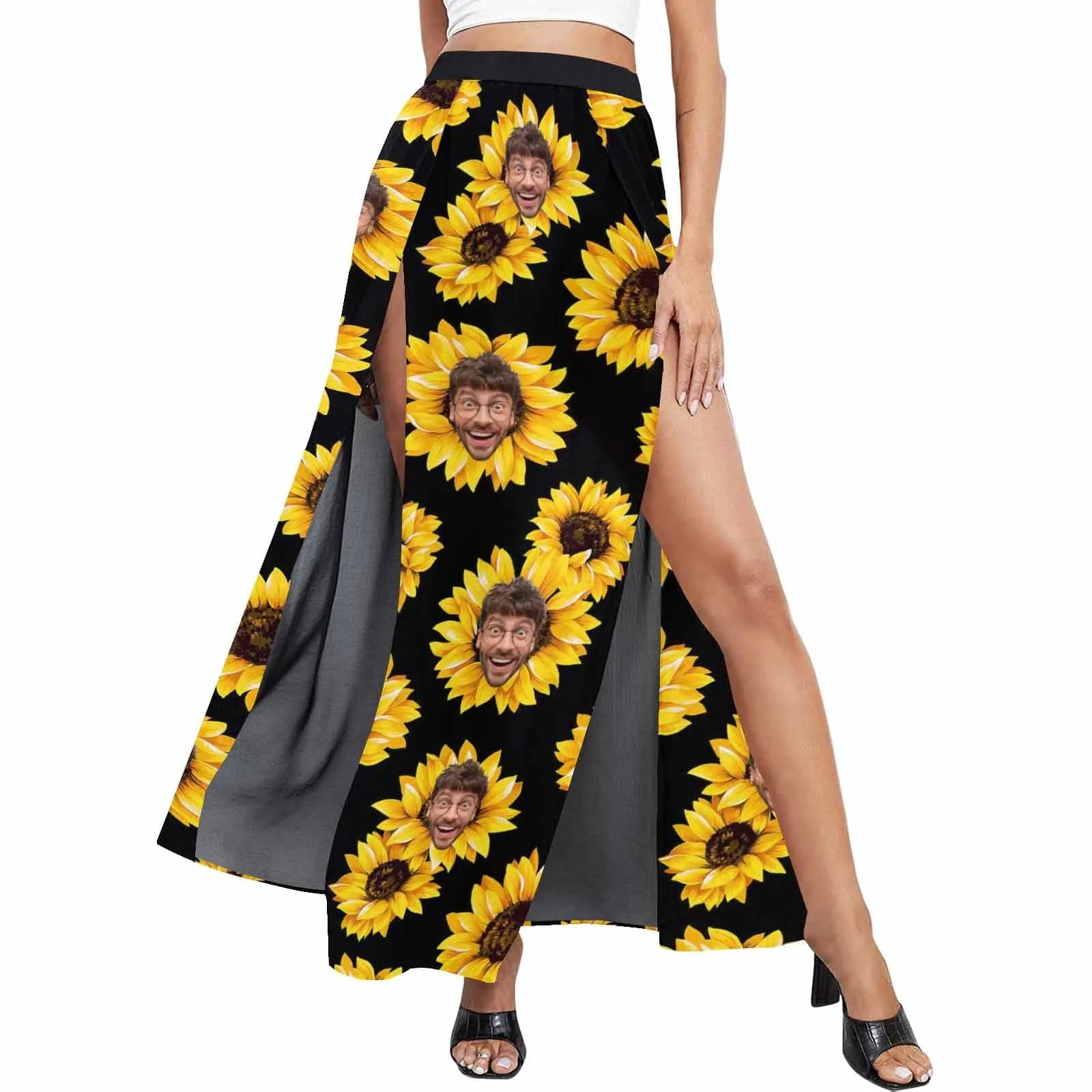 Custom Face Sunflowers Women's Sexy Strap Deep V Neck 2 Piece Outfits Dress Crop Top High Split Maxi Dresses Skirt Set