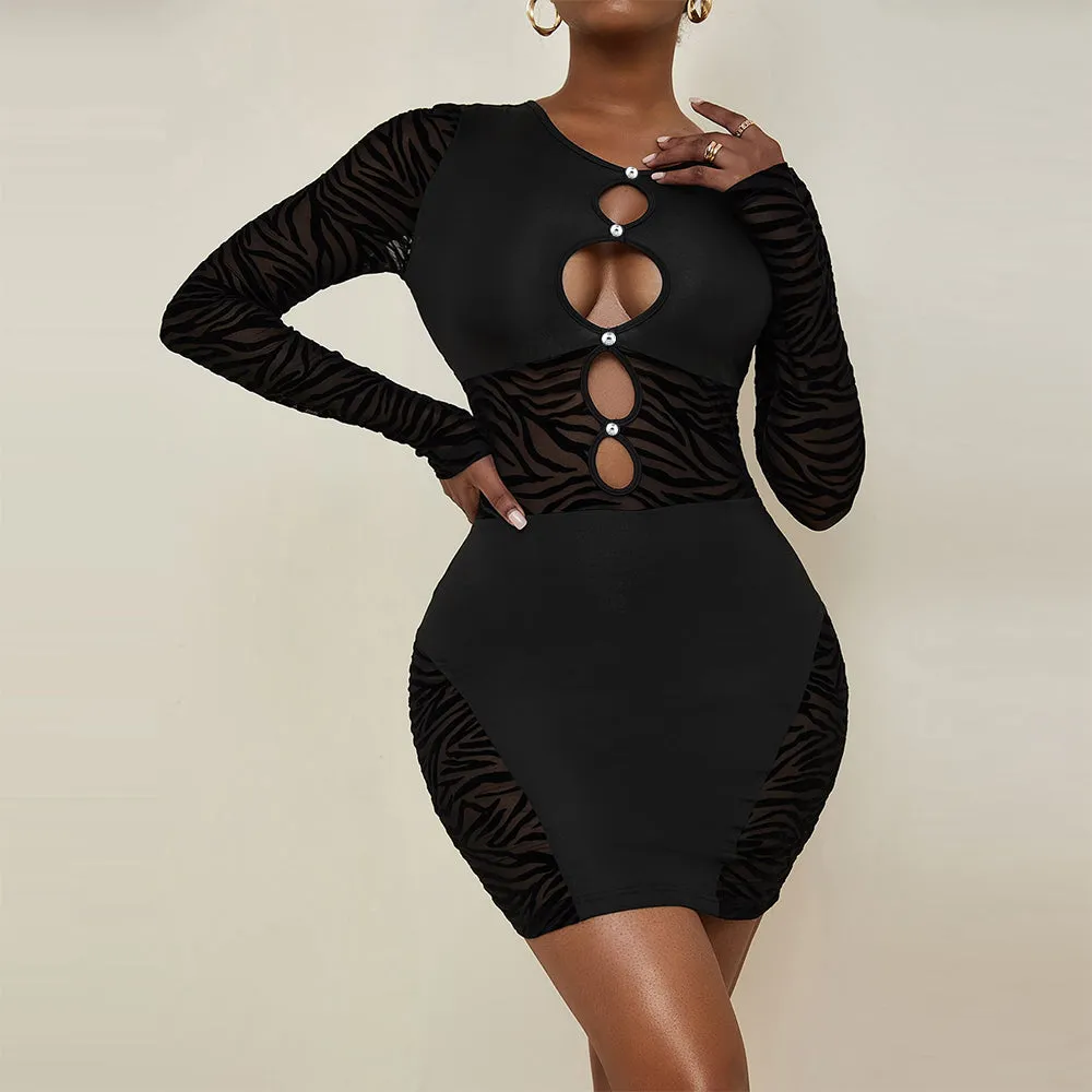 Cut Out Sexy Zebra Mesh Transparent Women Mini Dress for Beach Holiday Night Club Party Bodycon Pencil Shorts Dresses