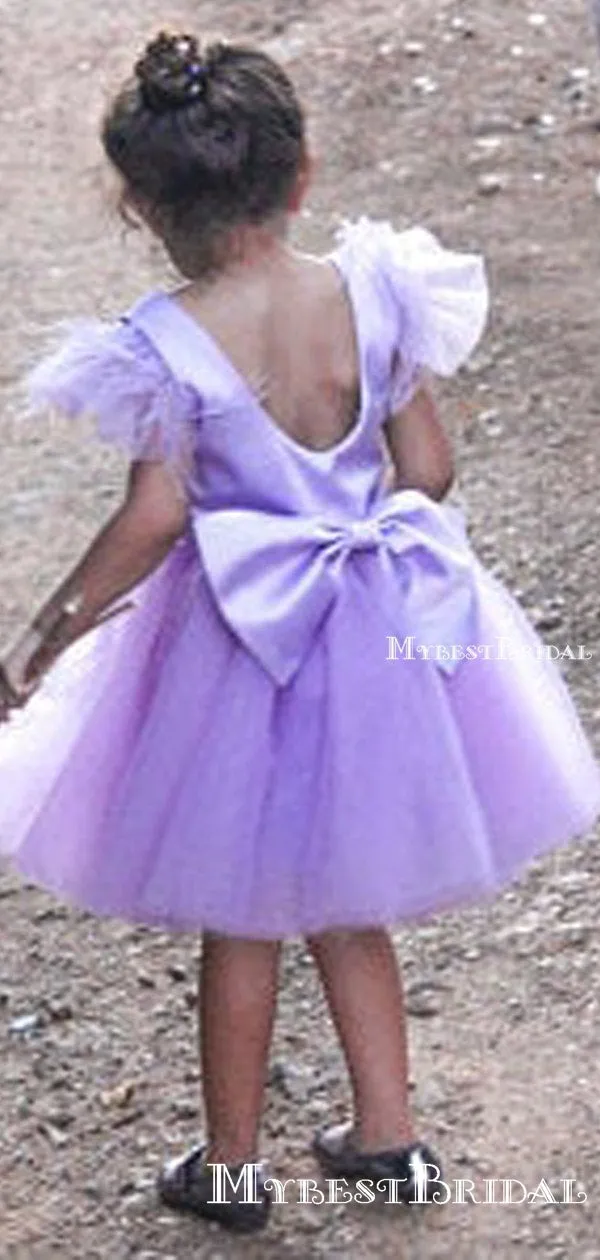 Cute Bateau Cap Sleeves Lilac Tulle A-line Short Cheap Flower Girl Dresses, FGS0013