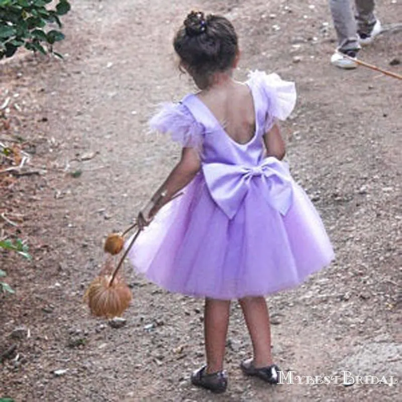 Cute Bateau Cap Sleeves Lilac Tulle A-line Short Cheap Flower Girl Dresses, FGS0013