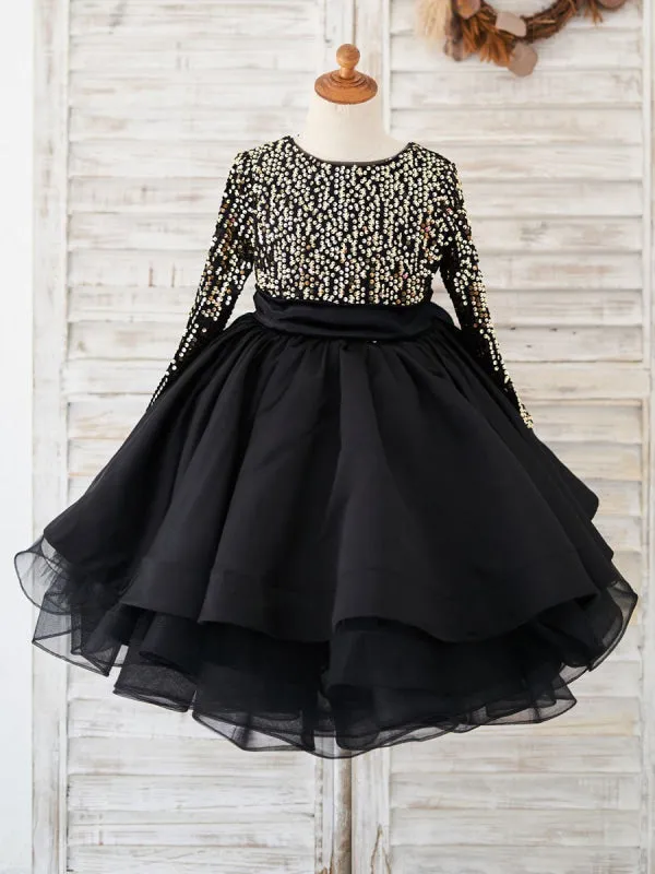 Cute Black Flower Girl Dresses Satin Jewel Neck Knee-Length Silhouette Sash Formal Kids Dress