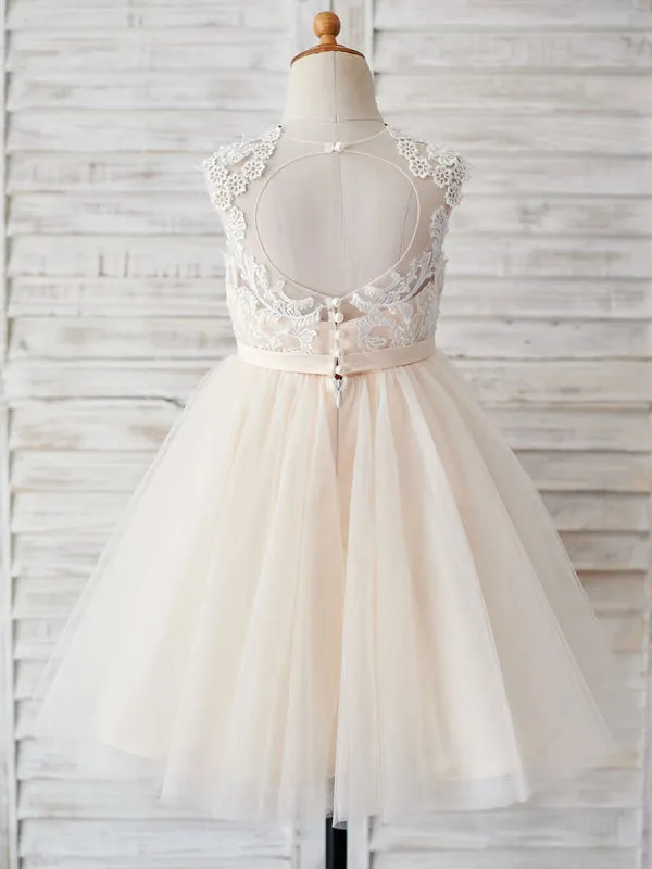 Cute Jewel Neck Lace Tulle Flower Girl Dresses Champagne Sleeveless Pearls Formal Dress for Kids