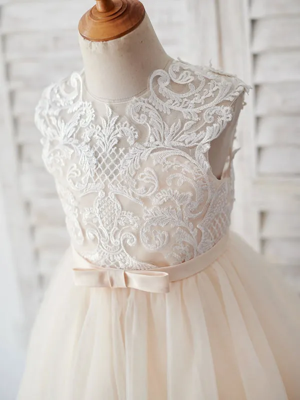 Cute Jewel Neck Lace Tulle Flower Girl Dresses Champagne Sleeveless Pearls Formal Dress for Kids