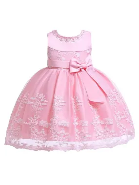 Cute Pink Little Flower Girl Dresses Lace Bow A Line Kids Short Formal Party Dress