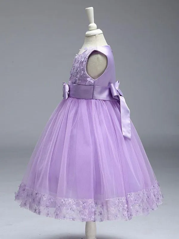 Cute Princess Flower Girl Dresses Lilac Purple Lace Tulle Ribbon Tutu Party Dress