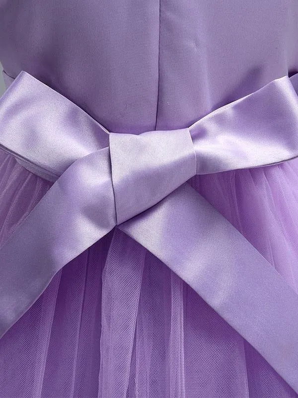 Cute Princess Flower Girl Dresses Lilac Purple Lace Tulle Ribbon Tutu Party Dress