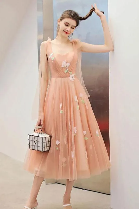 Cute Tea Length A Line Pink Short Prom Dress Sweet 16 Dresses with Hand Made Flower STK15138