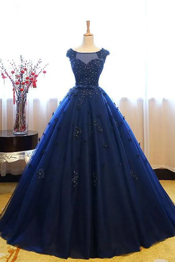 Dark Blue Tulle Lace Beads Ball Gown Open Back Sweet 16 Dress Quinceanera Dresses