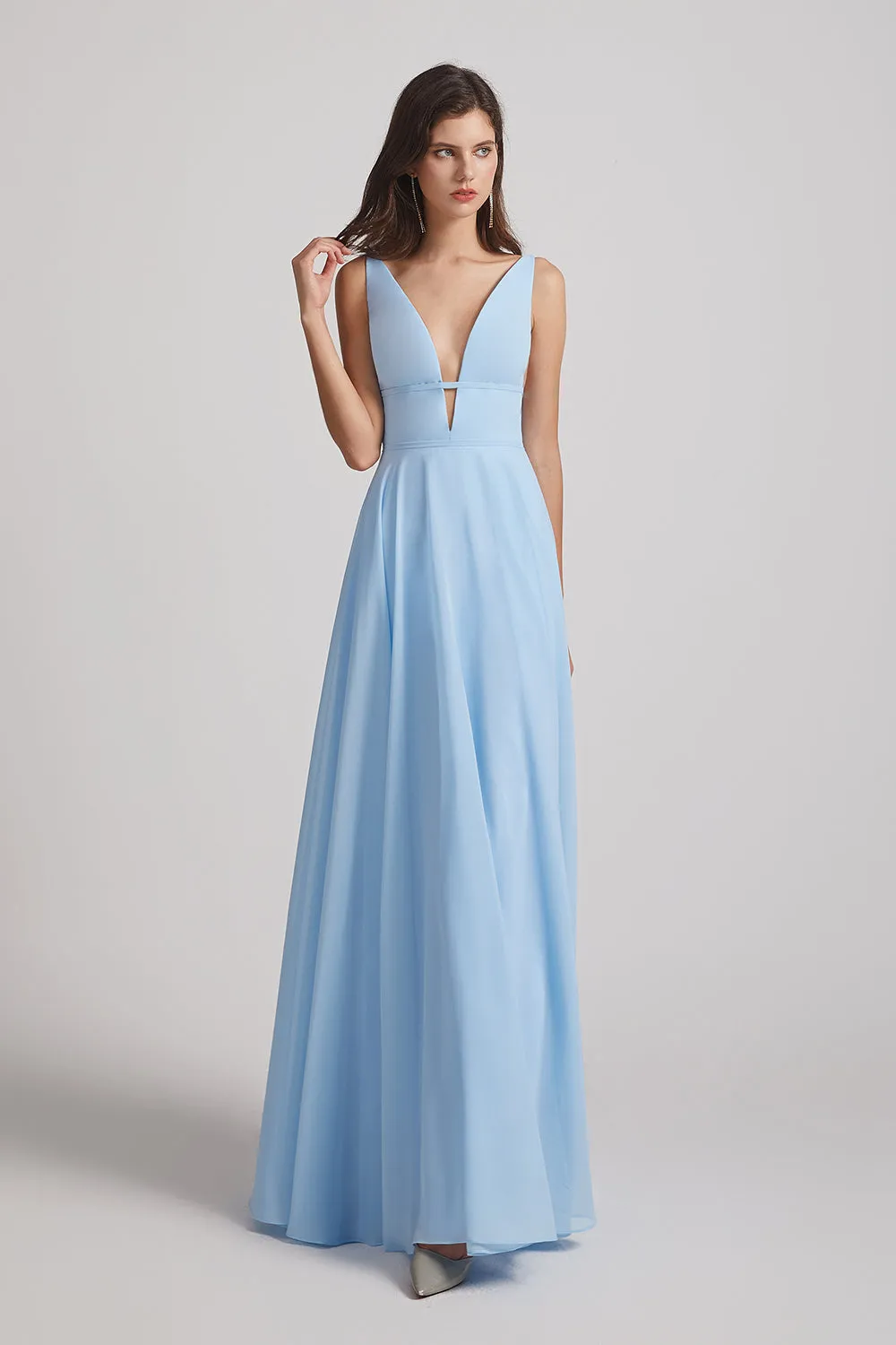 Deep V-Neck Chiffon Bridesmaid Dresses with Low Cut V Back (AF0067)