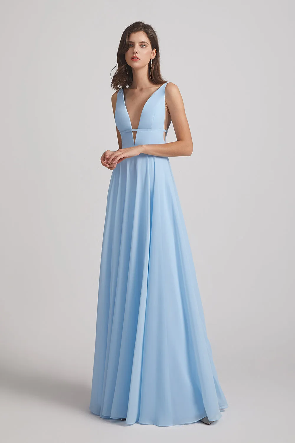 Deep V-Neck Chiffon Bridesmaid Dresses with Low Cut V Back (AF0067)