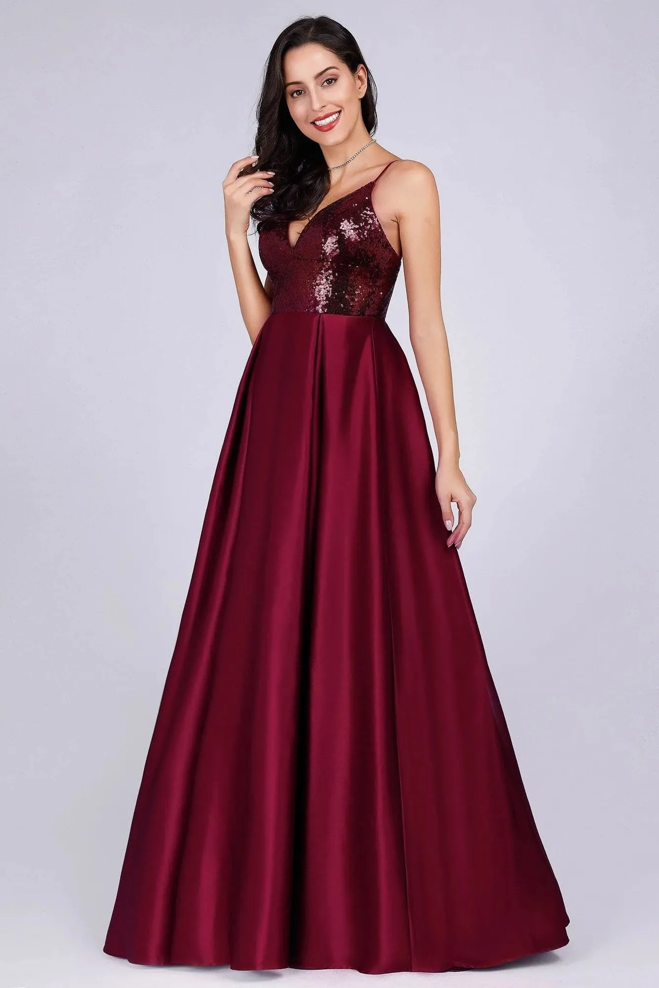 Deep V Neck Long Sleeveless Spaghetti Straps Burgundy Satin Evening Prom Dresses STK15140