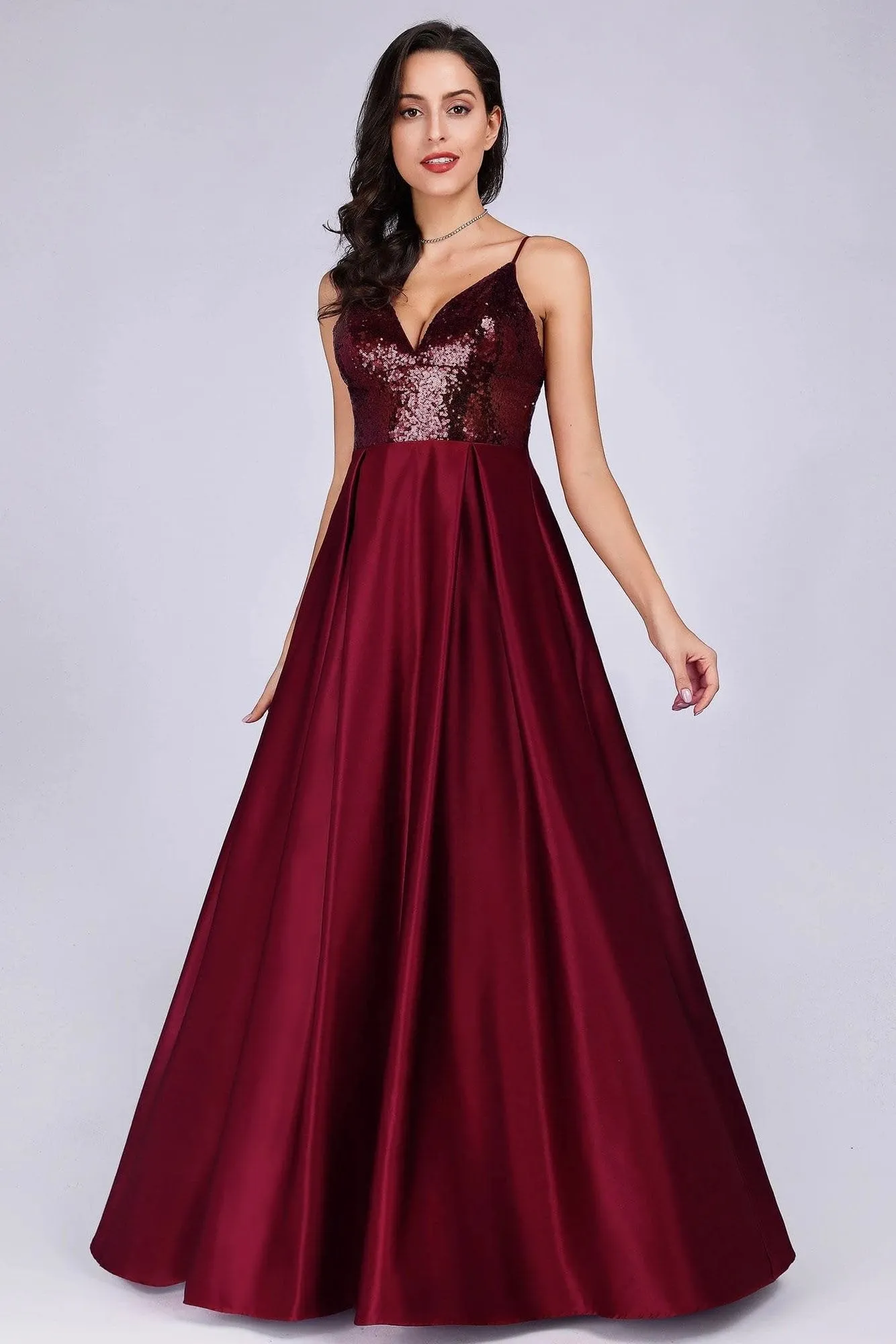 Deep V Neck Long Sleeveless Spaghetti Straps Burgundy Satin Evening Prom Dresses STK15140