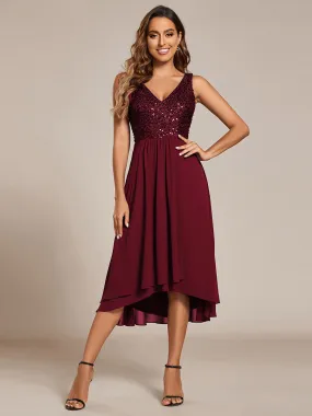 Elegant A-Line Empire Waist Midi Length Chiffon Sequin Dresses Sleeveless Evening Dress