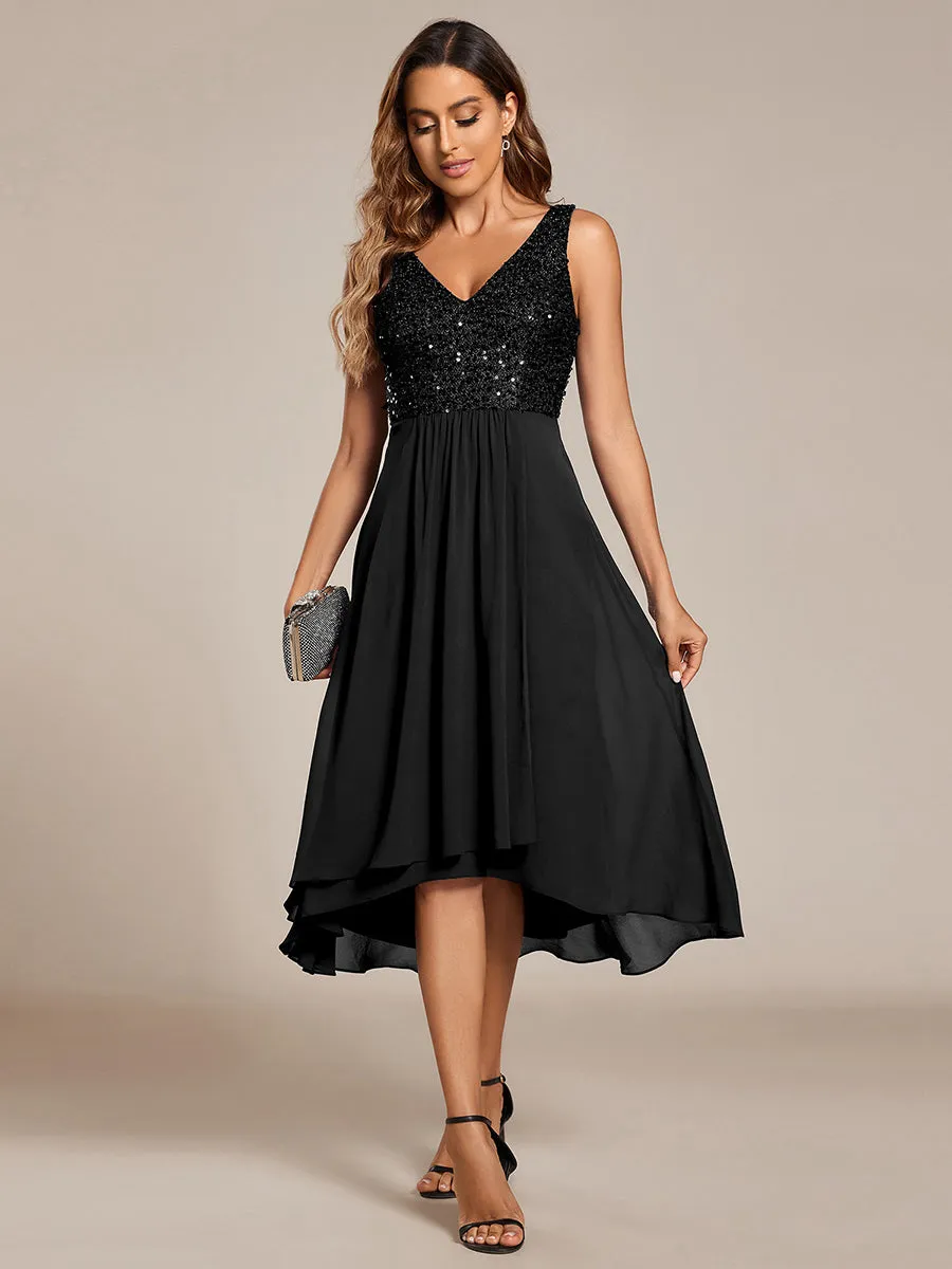 Elegant A-Line Empire Waist Midi Length Chiffon Sequin Dresses Sleeveless Evening Dress