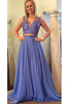 Elegant A Line Two Piece Blue V-Neck Beads Chiffon Evening Prom Dresses