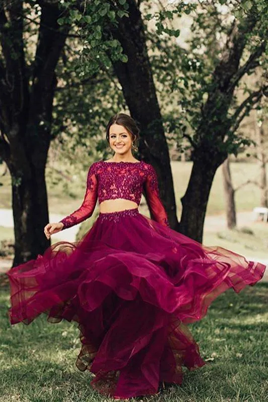 Elegant A Line Two Piece Burgundy Long Sleeve Beads Organza Open Back Long Prom Dresses