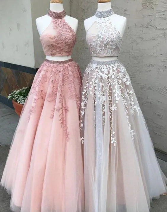 Elegant A Line Two Piece Dusty Rose Beaded Tulle High Neck Lace Long Prom Dresses