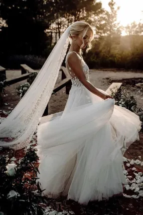 Elegant A Line V Neck Tulle Wedding Dresses with Flowers, V Back Beach Wedding Gowns STK15513