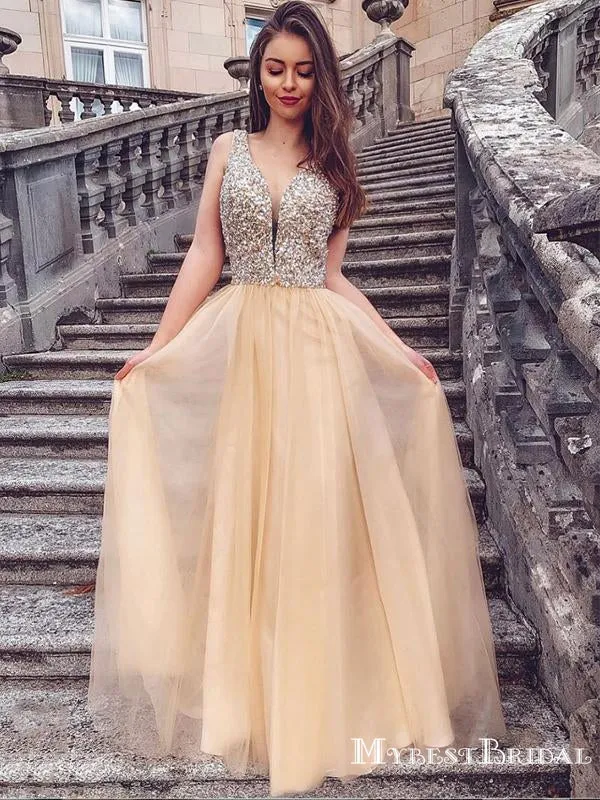 Elegant Charming V-neck Chamapagne Organza Top Beads A-line Long Cheap Formal Prom Dresses, PDS0036